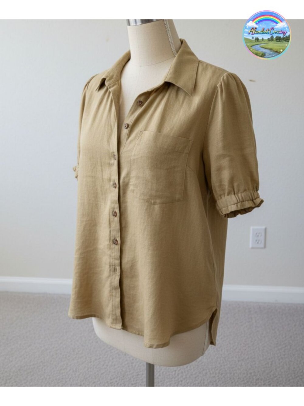 Puff Sleeve V Neck Pleated Button Down Blouse Cotton Viscose Loose Work Top